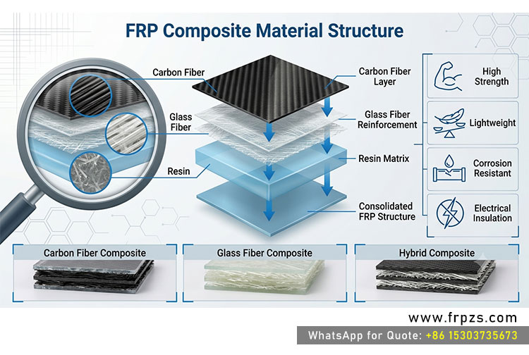 FRP composite material structure showing glass fiber, carbon fiber reinforcement and resin matrix system