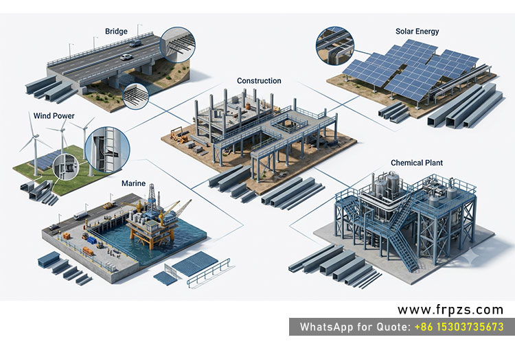 Industrial applications of FRP pultrusion products in construction, bridges, solar energy, wind power, marine and chemical plants