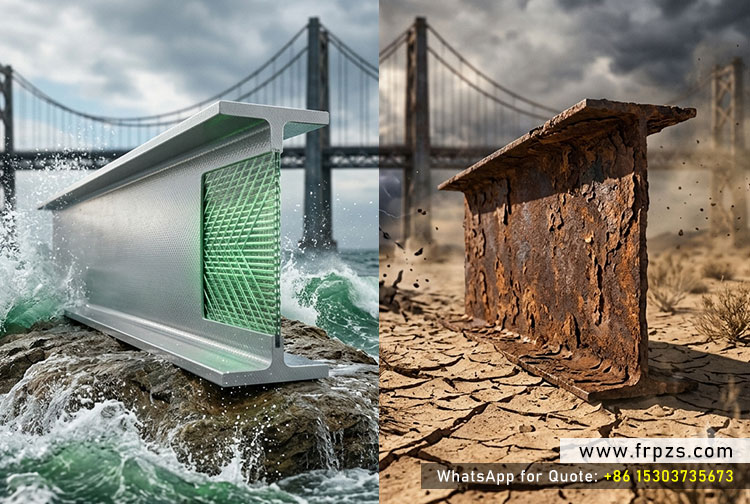 Comparison between FRP composites and steel showing corrosion resistance, weight reduction, electrical insulation and maintenance cost advantages