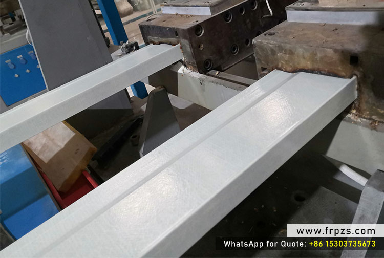 Pultrusion process diagram showing continuous FRP manufacturing, fiber reinforcement, resin impregnation, heated die curing and pultruded composite profiles production
