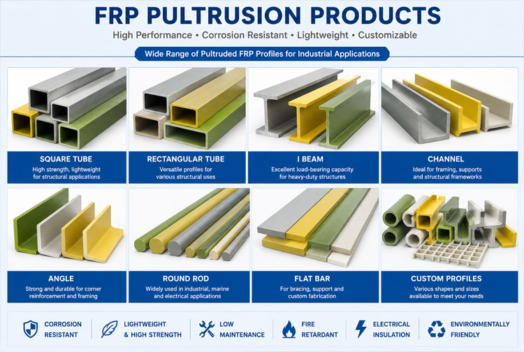 Types of pultruded FRP products including square tube, rectangular tube, I beam, channel, angle, rod and custom composite profiles