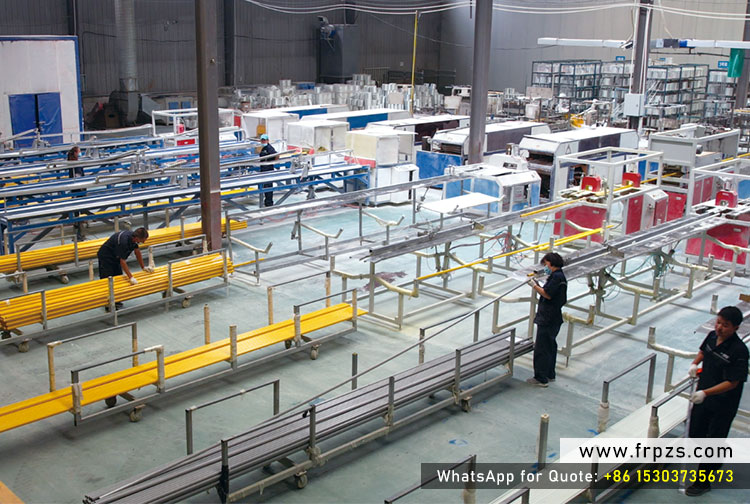 FRP pultrusion production line showing continuous manufacturing equipment, resin bath, heated die and pulling system in factory