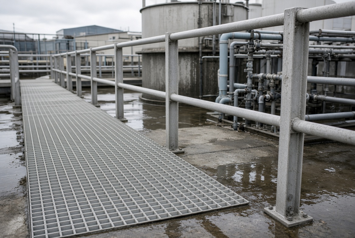 FRP grating walkway and handrail at an industrial water treatment facility