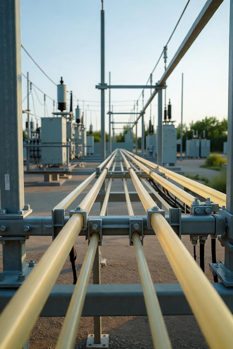 Yellow fiberglass cable trays installed at an outdoor electrical substation