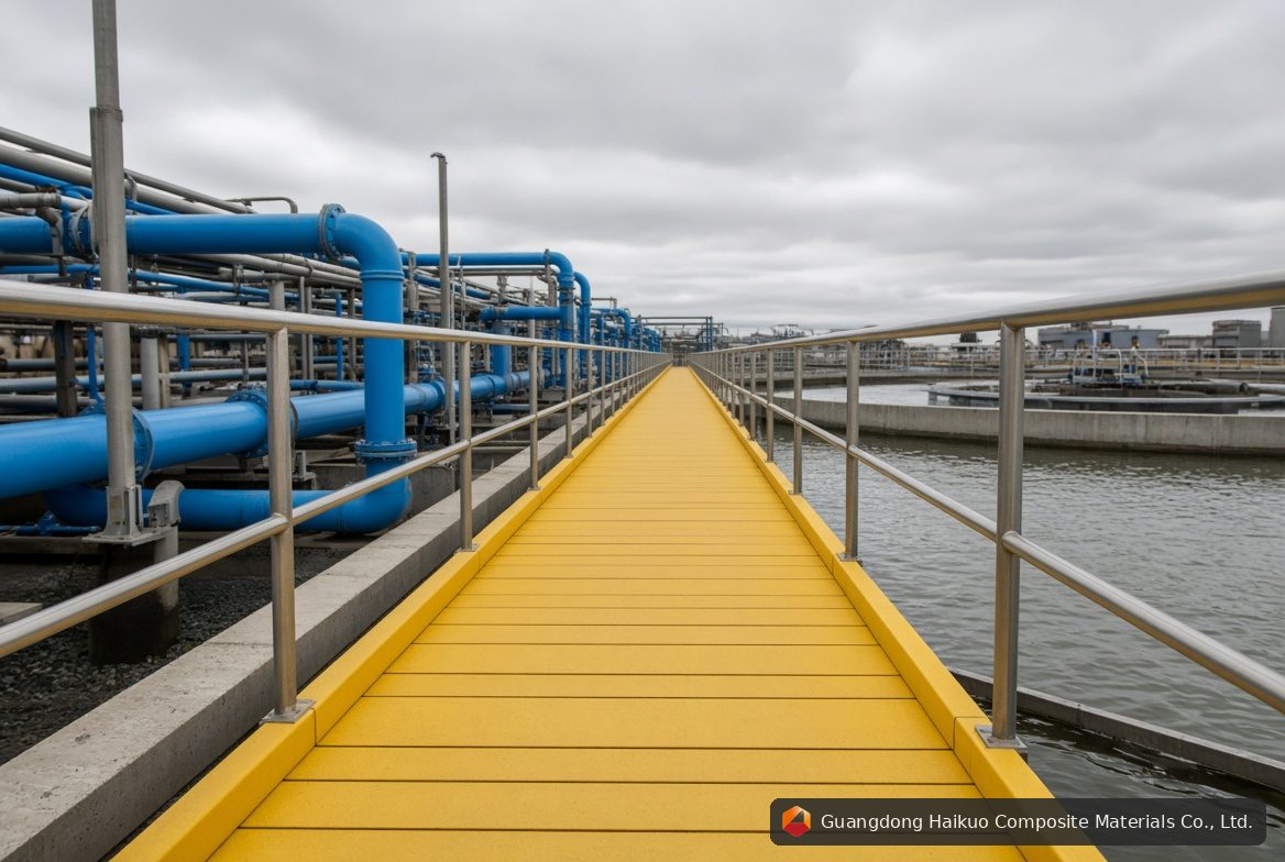 Yellow FRP cover plates installed at a large treatment facility with railings